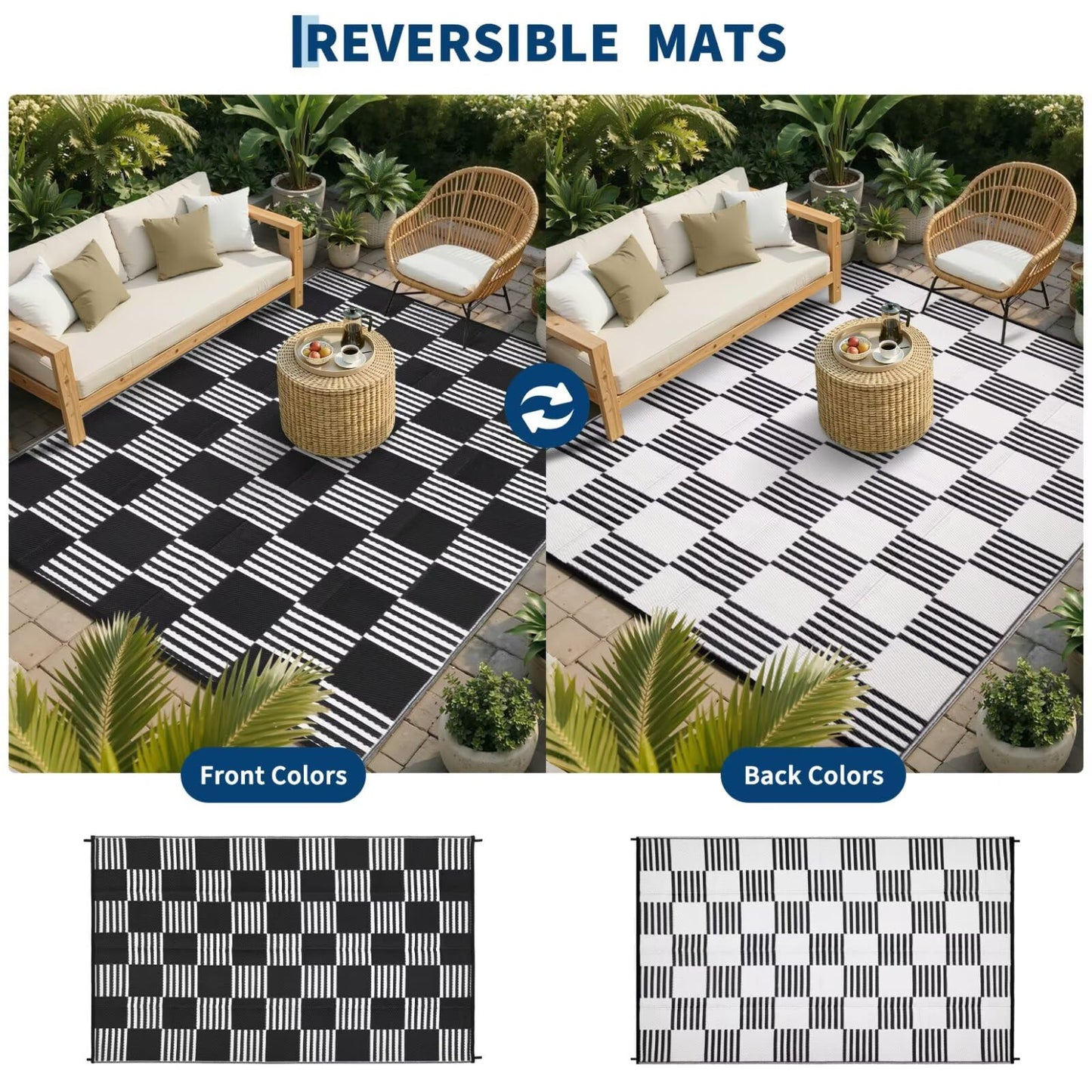 Garvee Waterproof Outdoor Rug 5x8, Checkered Foldable Plastic Straw Patio Camping Rug, Outdoor RV Carpet for Deck Camper Porch Balcony Backyard Picnic Beach Black and White