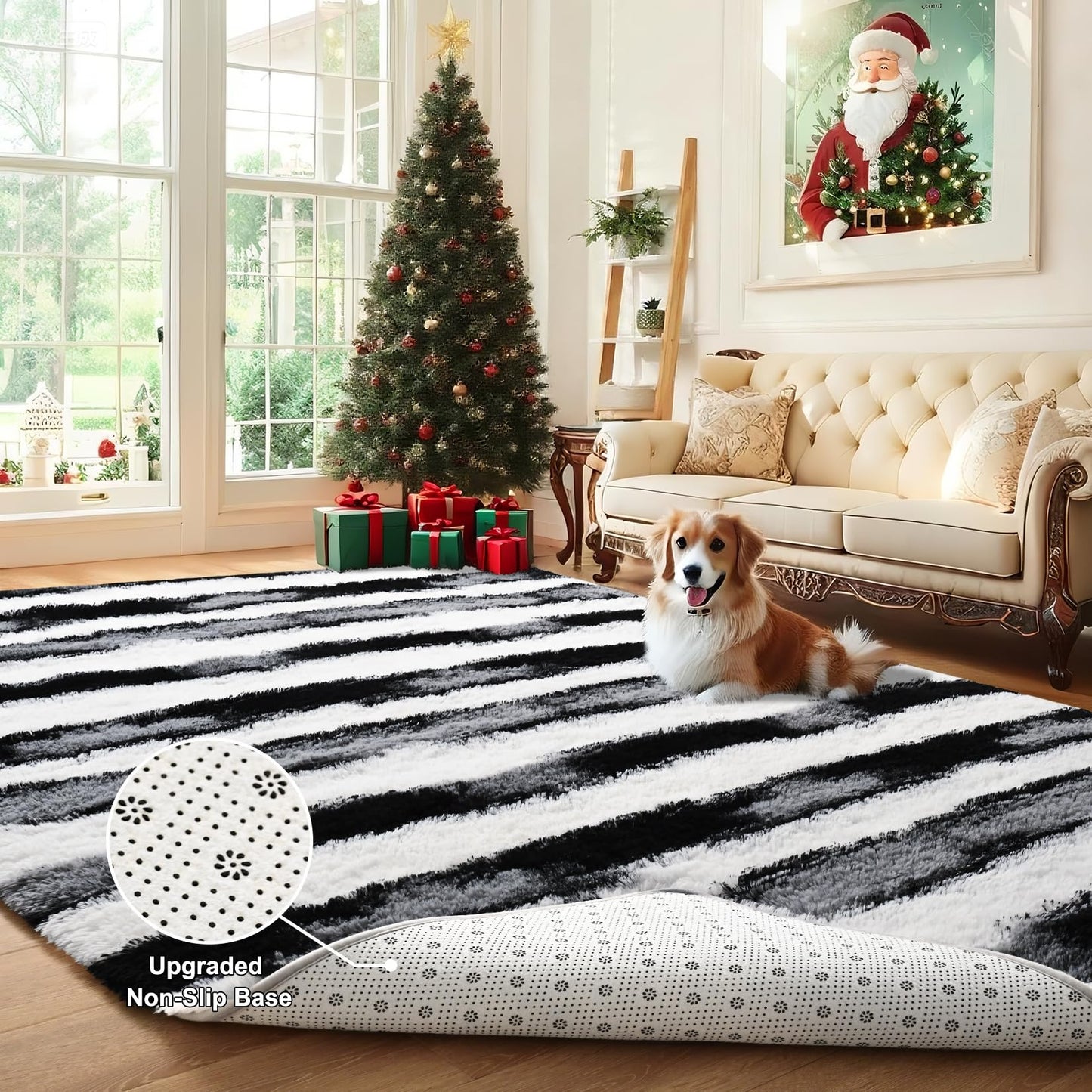 Woottpe Black and White Rugs for Living Room Bedroom, 4x6 Fluffy Soft Plush Area Rugs with Non-Slip Backing, Modern Striped Shag Fuzzy Carpets for Kids Playroom Nursery Dorms Home Decor