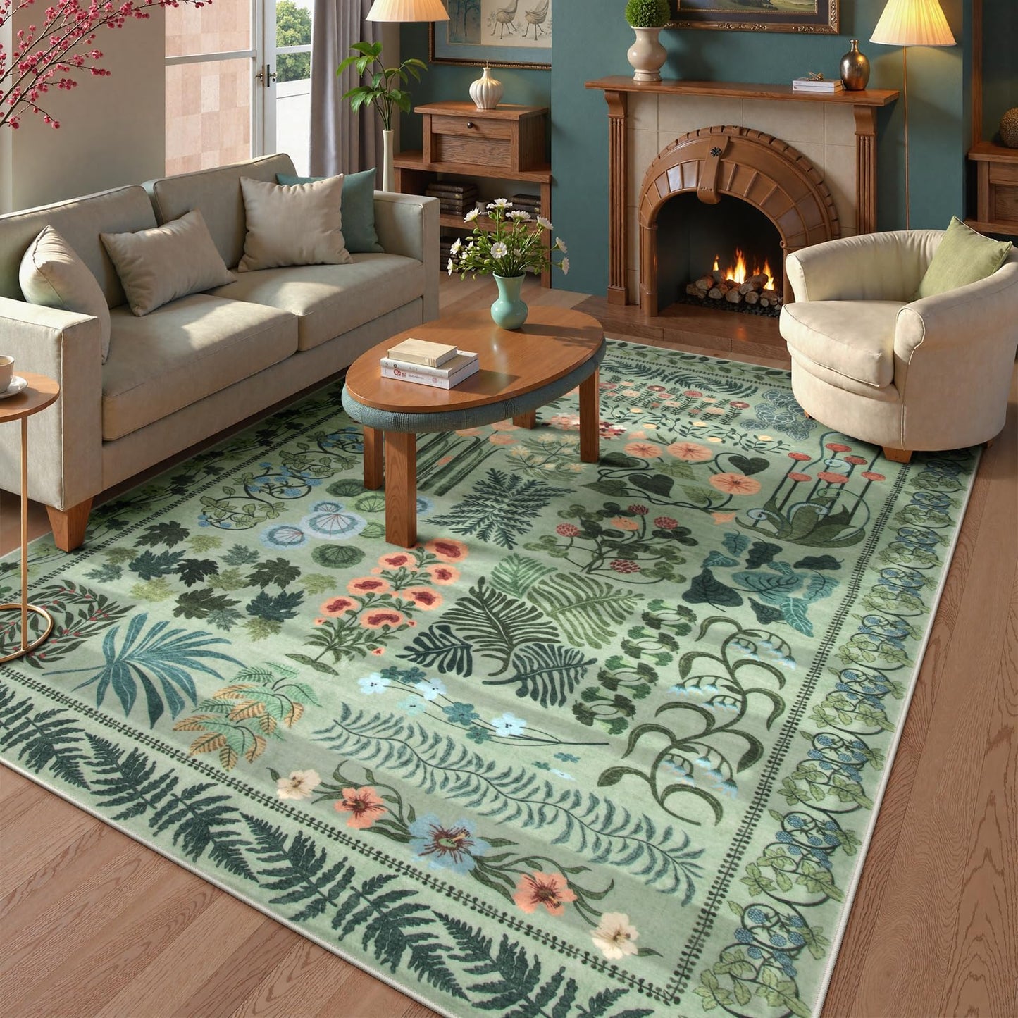 Zealude Boho Green Washable 8x10 Area Rug for Living Room, Floral Large Rugs for Bedroom Aesthetic, Non Slip Botanical Soft Indoor Throw Carpet for Dining Room Home Office Playroom (Green,8 x 10)