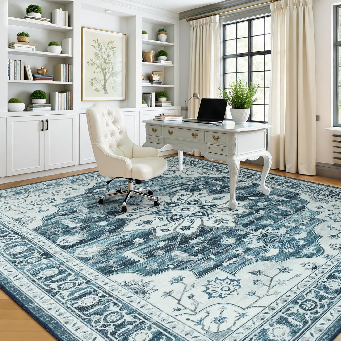 Vibrug 5x7 Coastal Blue White Area Rugs for Living Room - Vintage Boho Medallion Aesthetic Distressed Washable Rug, Soft Non-Slip Backing Low Pile Carpet for Office, Lounge, Bedroom Foot of Bed