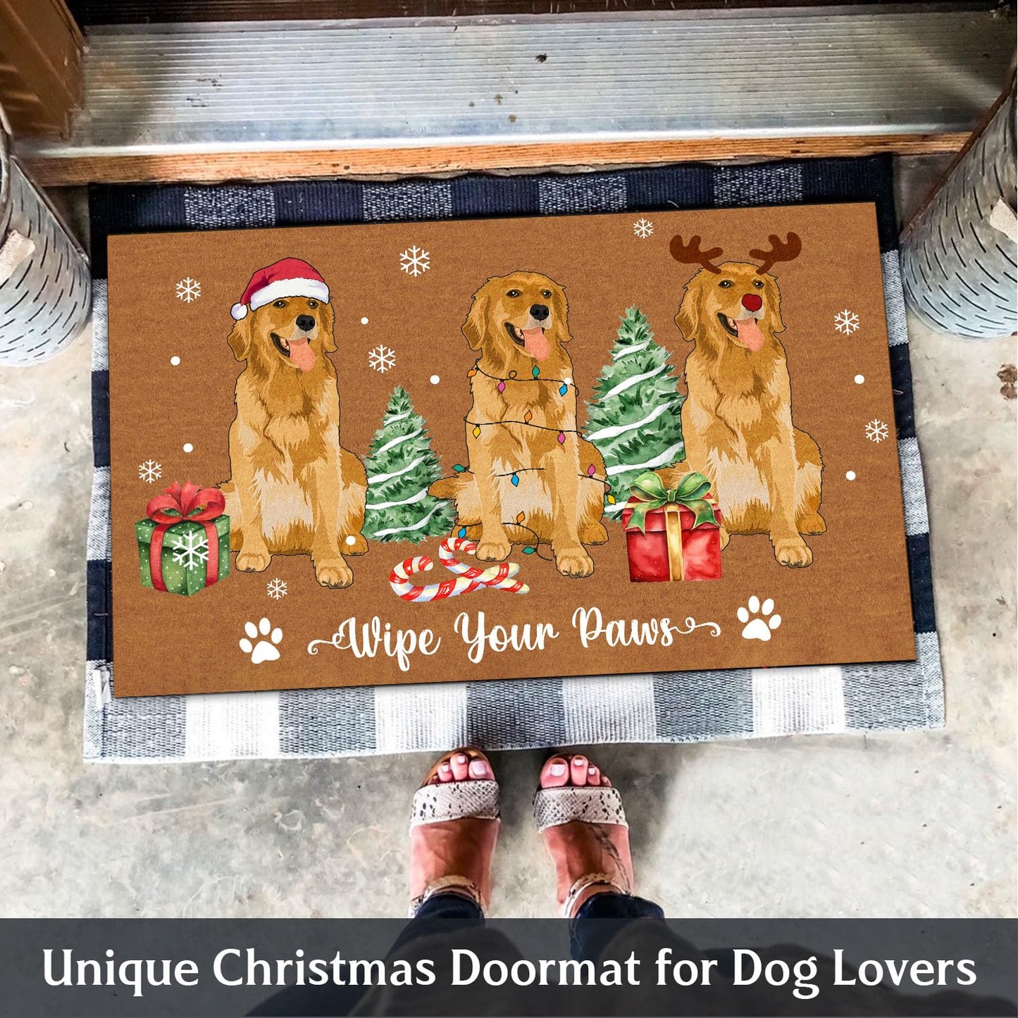 Christmas Golden Retriever Mat, Cute Golden Dogs Doormat, Xmas Festive Dogs Doormat, Welcome Mat Indoor Outdoor Entrance Floor Mat Non Slip, Keepsake Gift for Dog Lover, Pet Owner, Dog Mom, Dad