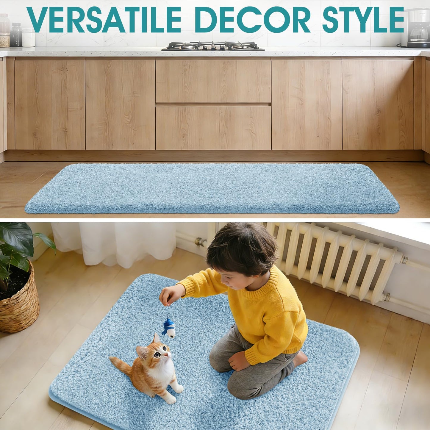 Microfiber Thick Bathroom Rugs, Flurry Non Slip Bath Rug, Ultra Soft Plush Absorbent Bathroom Mat, Machine Washable Luxury Toilet Rug Set, Bath Mat for Tab, Shower and Bathroom, Light Blue, 36"x24"