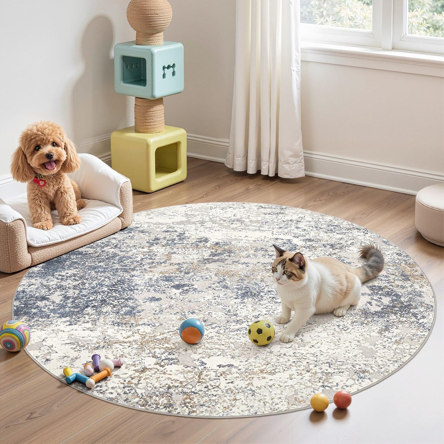 DMOYEST 6ft Round Area Rug Living Room Rugs - 6x6 Washable Large Soft Indoor Modern Abstract Low Pile Rug Carpet for Bedroom Dining Room Farmhouse Home Office - Beige Blue