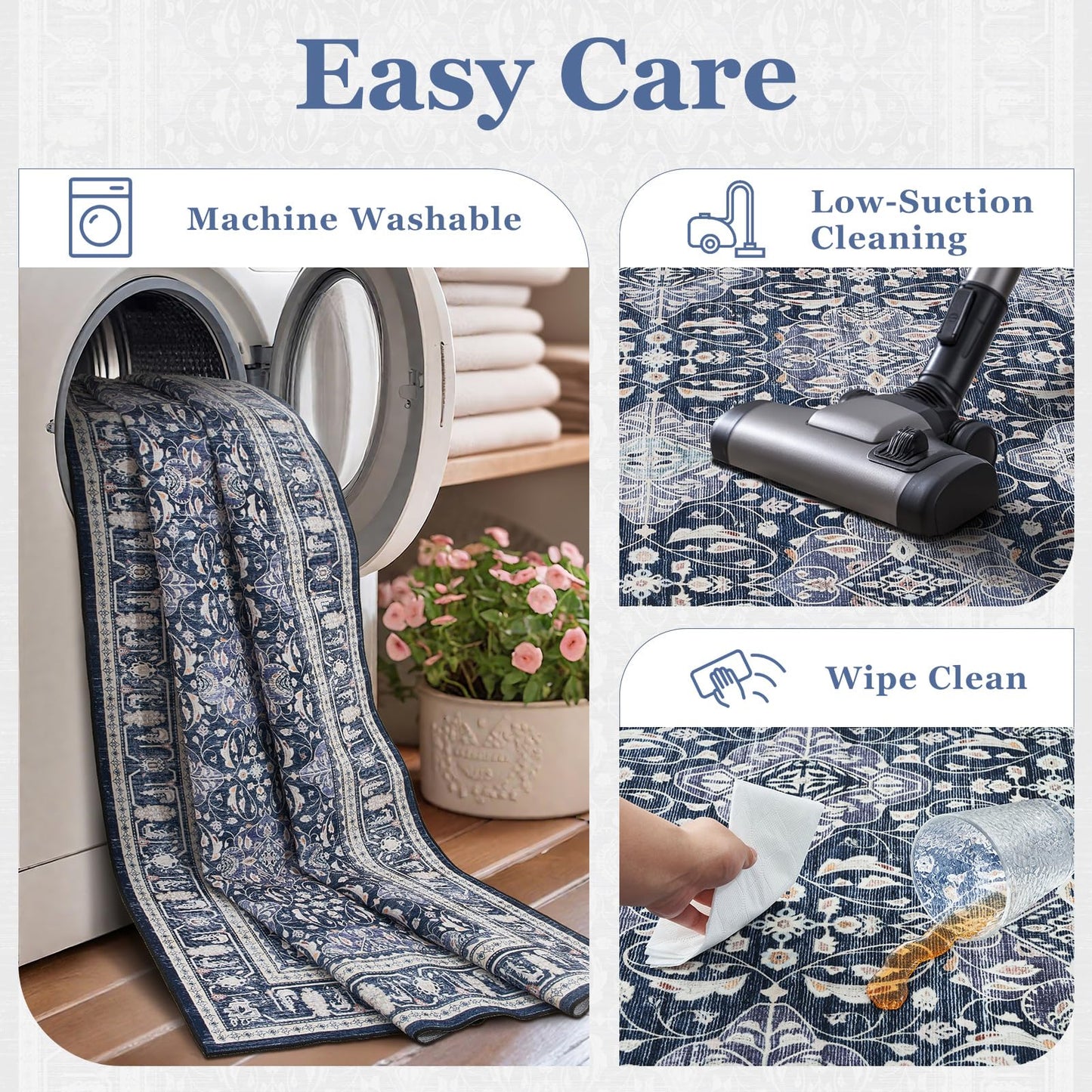 Jainmy Dark Blue 5x7 Area Rugs for Living Room Bedroom, Transitional Boho Moroccan Floral Trellis Printed, Washable Non Slip Low Pile Ultra Thin Soft Carpet Rugs for Dining Room/Kitchen/Home Office