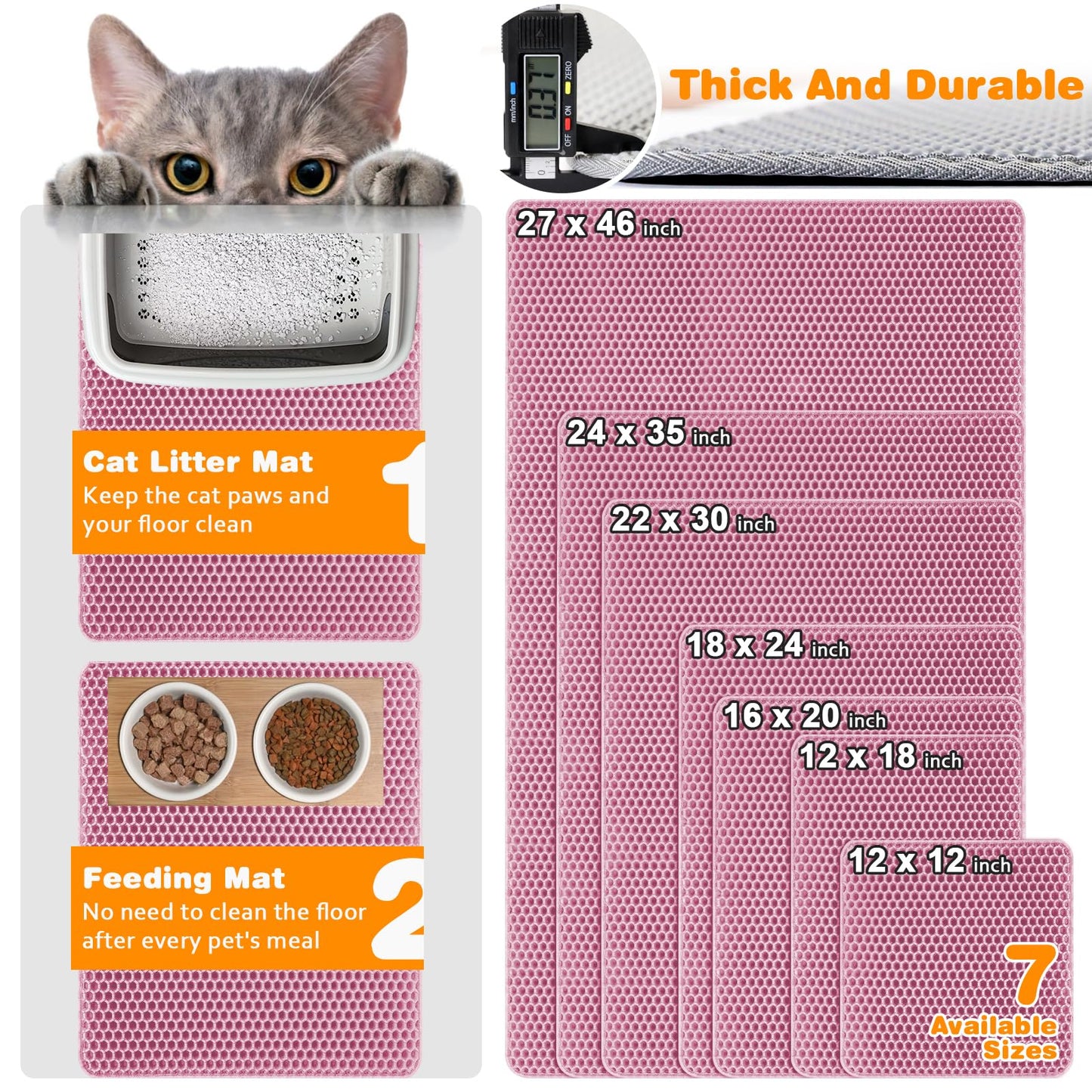blissstorm Waterproof Cat Litter Mat, Double Layer EVA, Odor-Free Large Grid, Urine Proof, Easy Cleanup (Pink, 12 x 18)