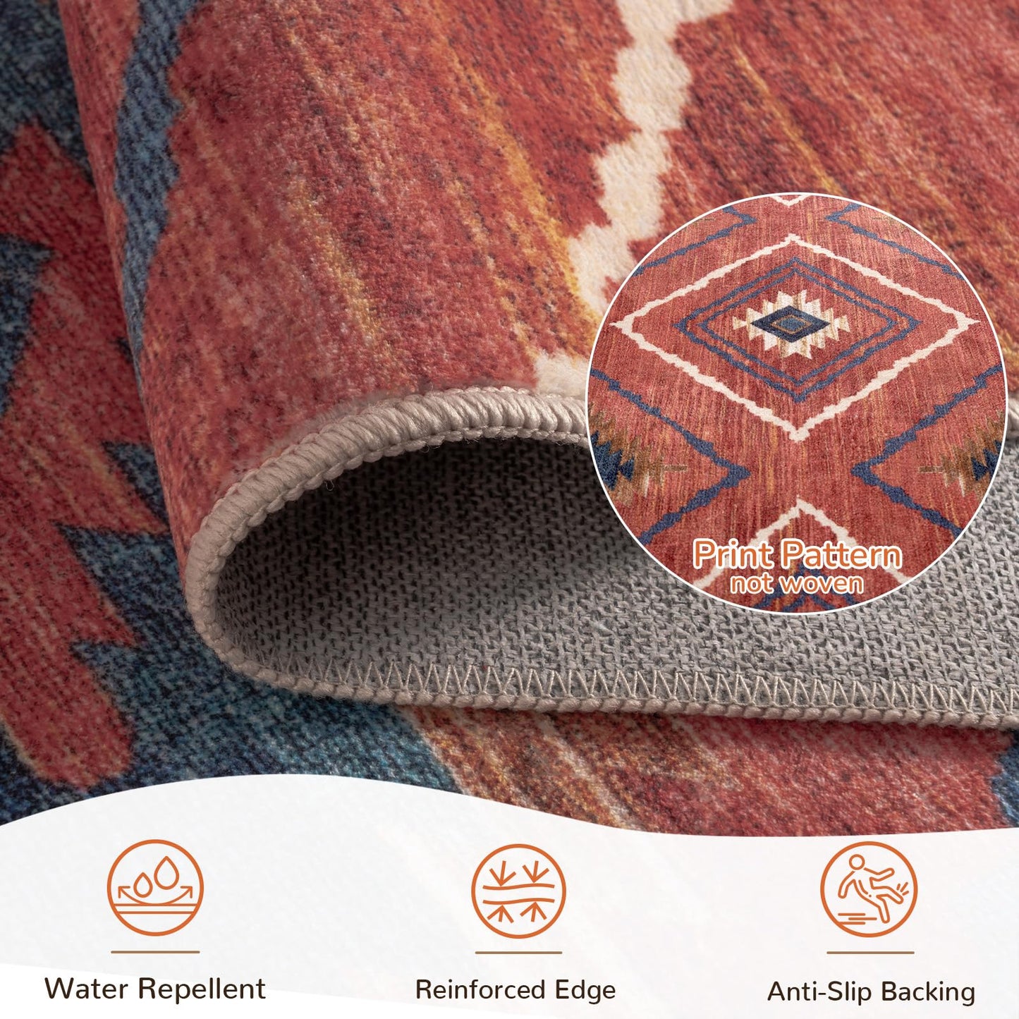 BESTSWEETIE Area Rug 8x10 Machine Washable Non-Slip Low Pile Tribal Western Rug for Living Room Bedroom Entryway - Red/Orange