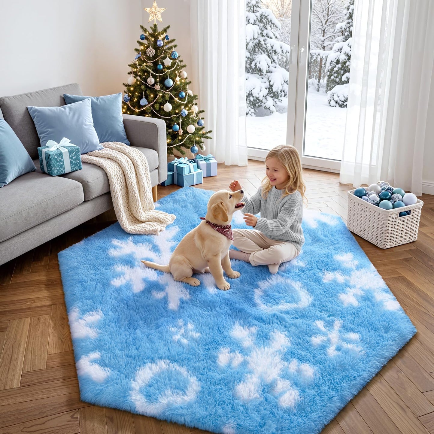 KIXINWA Hexagon Rug for Bedroom, 4x4.6 Area Rug for Living Room, Fluffy Carpet for Girls Kids Nursery Dorm Room, Soft Shag Non Slip Floor Rugs, Home Décor Carpet, Machine Washable, Blue Frozen
