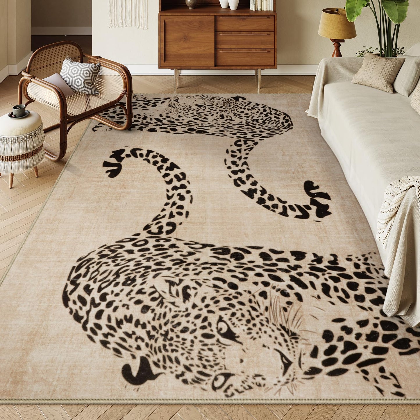 OJIA Leopard Print Rugs for Living Room Beige 8x10 Rug Washable Area Rugs for Bedroom, Modern Non-Slip Ultra-Thin Soft Large Carpet Non-Shedding Nursery Rug for Kids Playroom Dining Room Home Decor