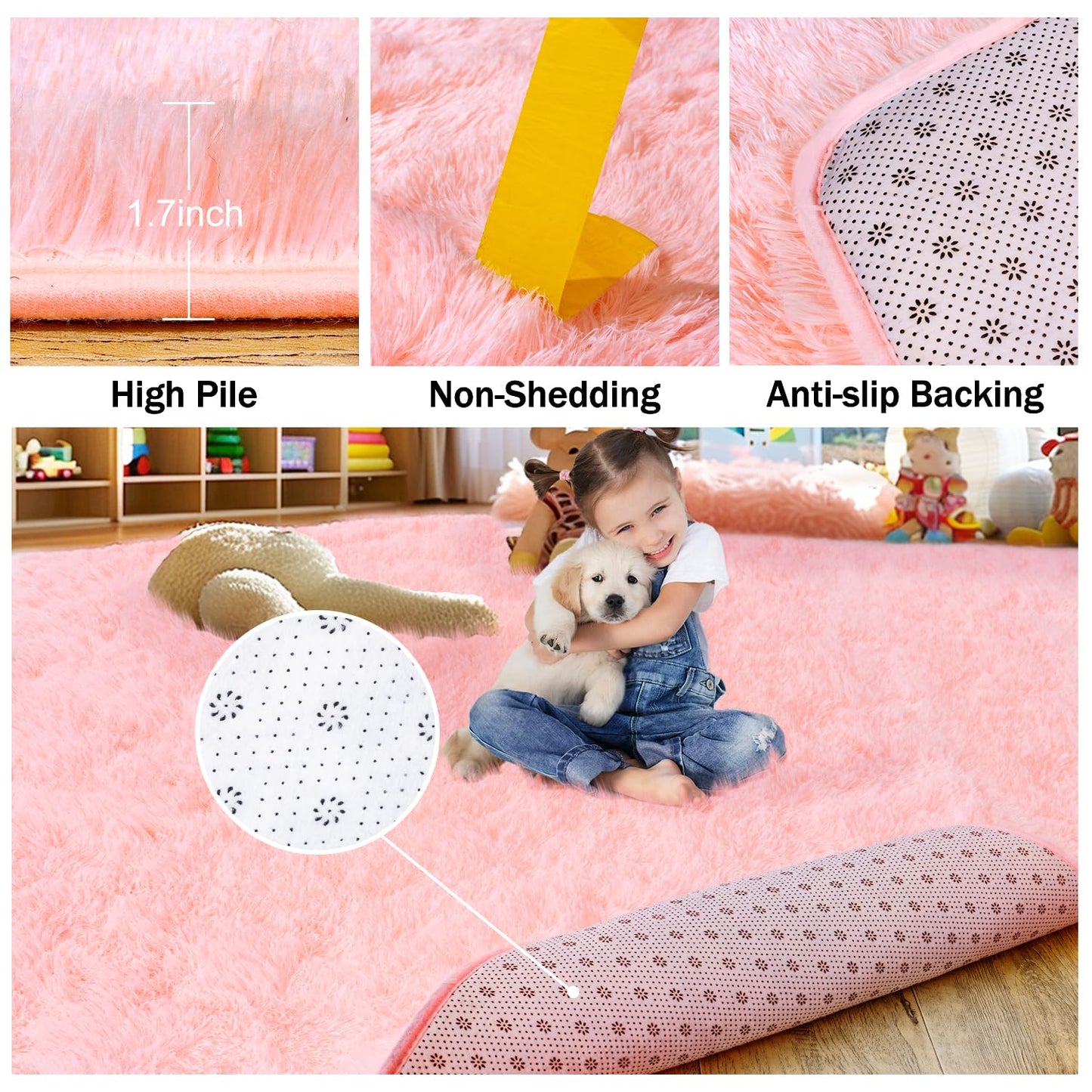 Rezutan Ultra Soft Pink Rugs for Bedroom 8x10 Feet, Fluffy Shag Area Rugs for Living Room, Large Comfy Furry Rug for Girls Kids Baby Room Decor Teenage Pastel Princess Rug, Non Slip。