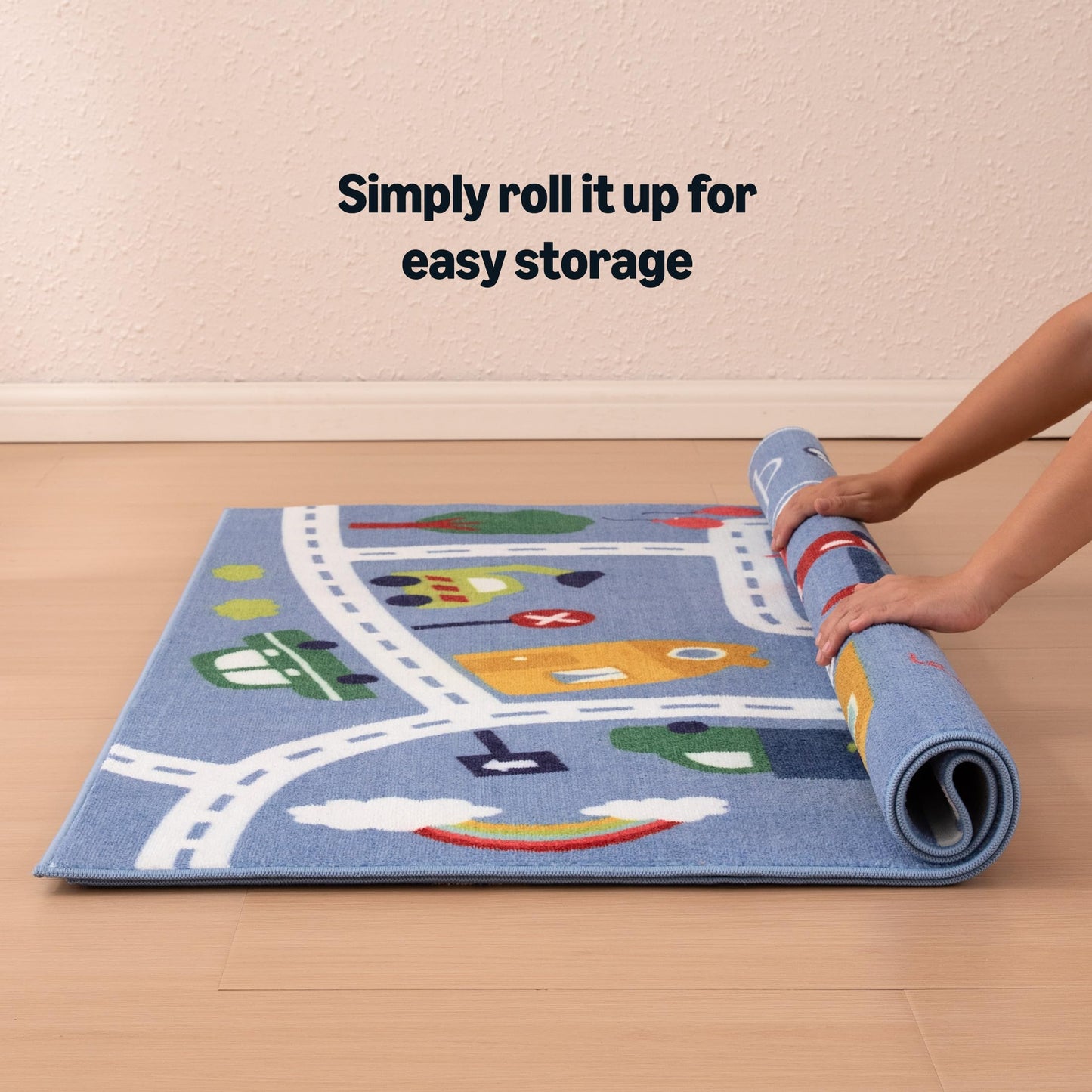 Amazon Basics Kids Washable Area Rug, Printed Carpet Play Mat for Living Room, Bedroom, Nursery, Classroom, 4' W × 6' L, City Road Blue