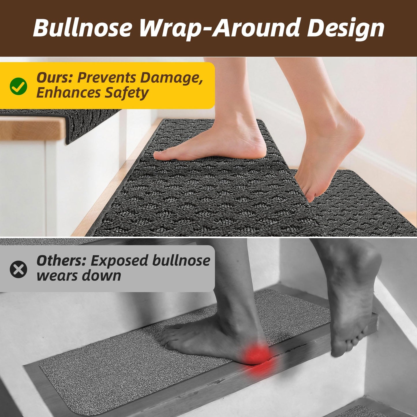JSEI Bullnose Carpet Stair Treads, 14 Pcs Non Slip Stair Treads for Wooden Steps Indoor with TPE Backing, 11" x 30" Machine Washable Stair Runners with Edge Protection for Kids and Elders, Dark Grey