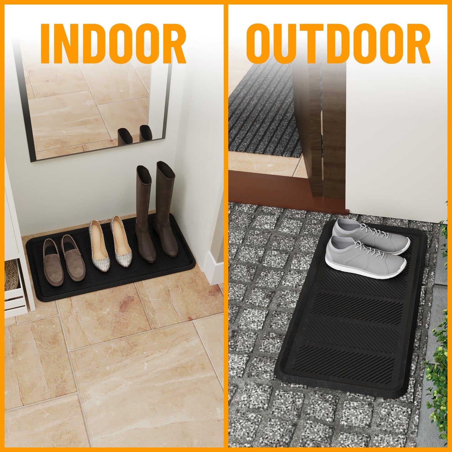 Ottomanson Heavy Duty Rubber Floor Mat – Non-Slip, Waterproof, Easy to Clean – Boot Tray Utility Mat for Shoes, Boots, Entryway, or Pet Feeding Area – Durable, Hose Washable – 16" x 32", Black