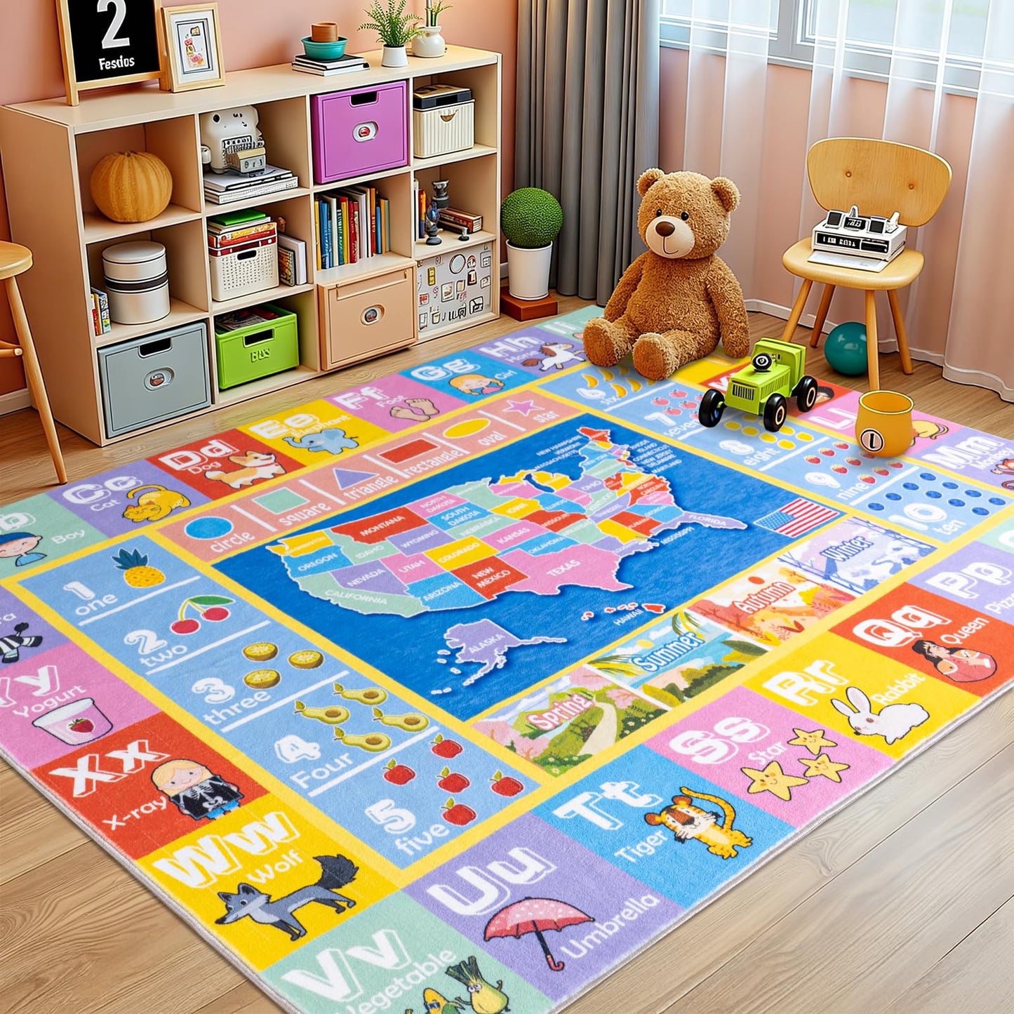 OHDS Kids Rugs for Playroom - Soft & Non-Slip 8x10 Feet Educational Rug for Learning ABC Alphabet, Numbers, Shapes & Map, Washable Classroom Rug for Toddler Nursery & Kids Room Decor