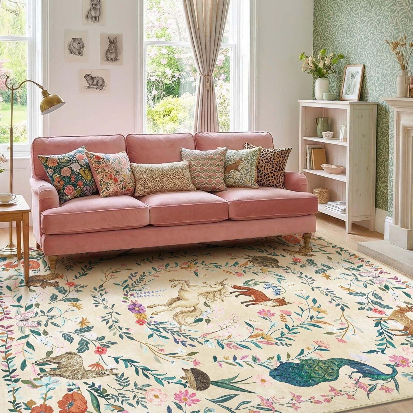 jinchan Moonrise Area Rug 8x10 Kids Room Rug Washable Unicorn Rug Soft Non-Slip Low Pile Fairytale Woodland Animals Floral Carpet for Classroom Nursery Playroom Bedroom Living Room Daylight Cream
