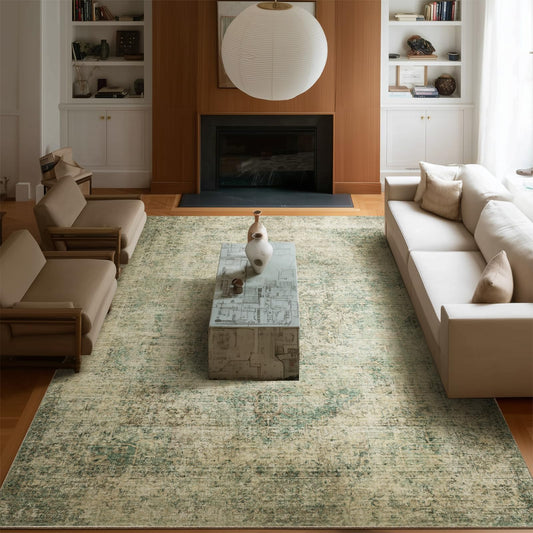 Machine Washable Rugs for Living Room: 8x10 Area Rugs for Bedroom Ultra Soft Non-Slip Low Pile Vintage Distress Boho Large Carpet for High-Traffic Dining Room - Farmhouse Decor
