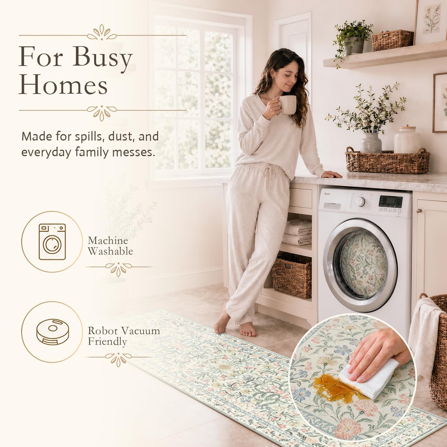 Wonnitar Floral Round Rugs 6ft, Boho Large Machine Washable Circle Rug, Low Pile Soft Flower Botanical Print Beige Round Carpet for Living Room Bedroom Dorm Sunroom