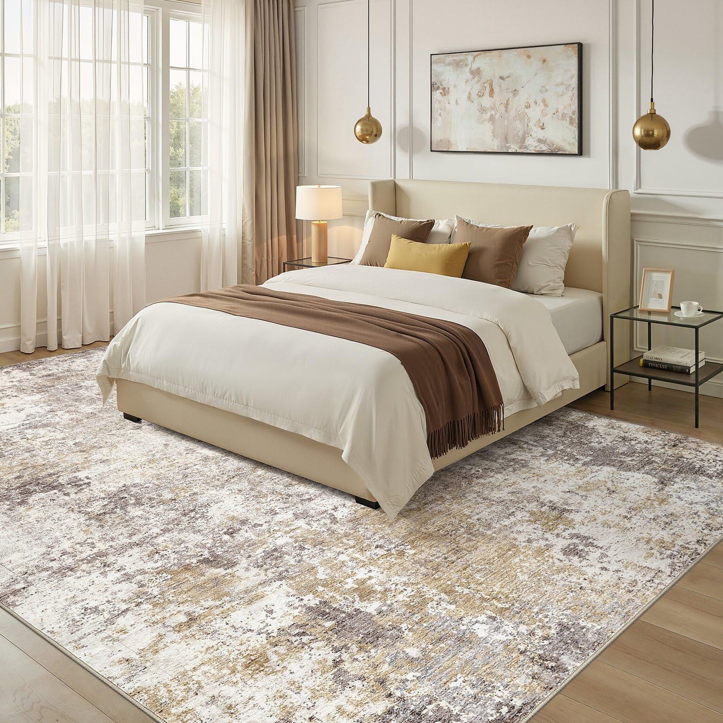 Nakagishi 9X12 Area Rugs for Living Room: Washable Modern Abstract Rug with Non-Slip Silicone Backing Low Pile Soft Carpet for Bedroom & Dining Decor Ideal for Families with Kids and Pets-Brown
