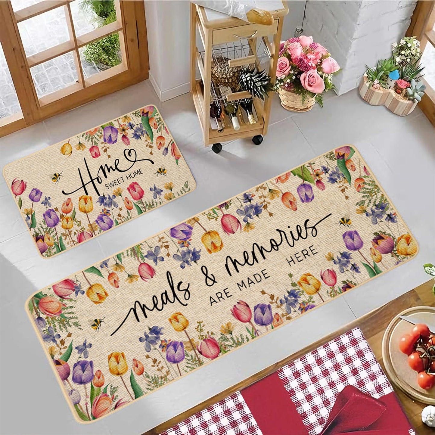 Baccessor Home Sweet Home Kitchen Mats Set of 2, Summer Floral Tulip Kitchen Rugs for Floor Spring Non Slip Low-Profile Seasonal Home Decor 17x29 and 17x47 Inch