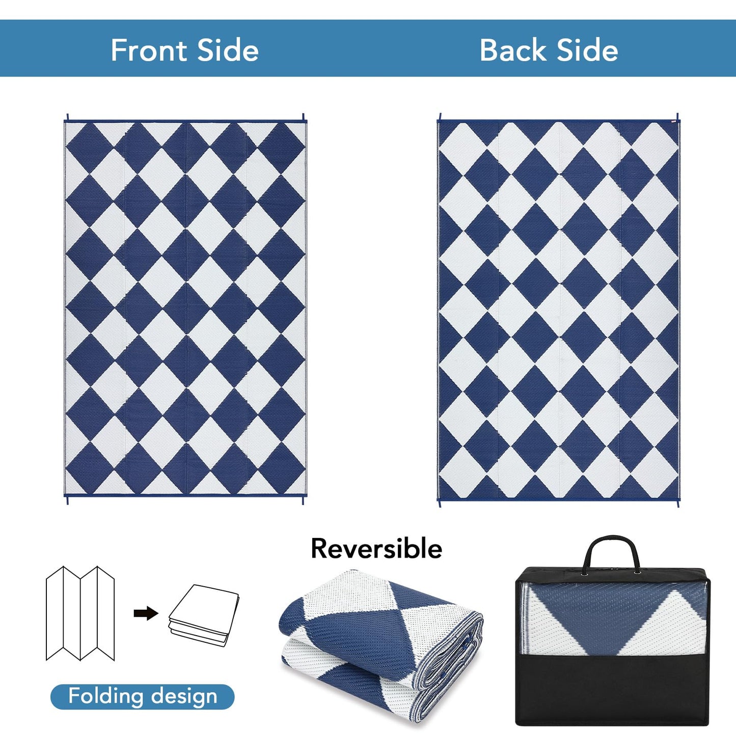 Garvee 9x12 Outdoor Rug for Patio Plastic Straw Rug Waterproof Reversible Mat Lightweight Foldable Carpet Easy Clean Large Rugs for Patio Porch Backyard Camping RV Beach Balcony Deck Checkered Navy