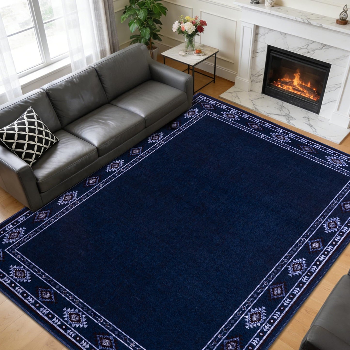 QDUIDU Large Area Rug for Bedroom Living Room, 4x6 Feet Ultra Soft Navy Blue Rugs Washable Modern Geometric Bordered Non Slip Low Pile Carpets Home Decor