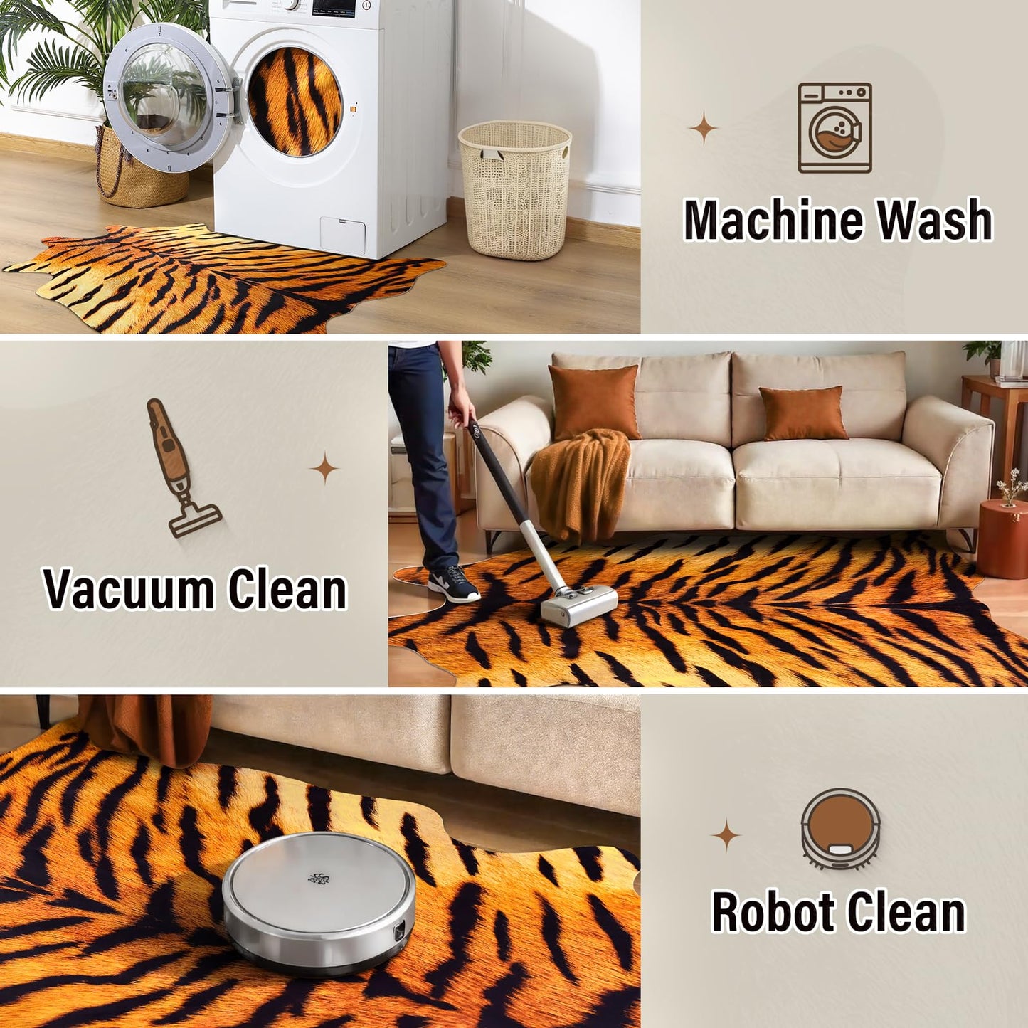 AROGAN Premium Tiger Print Rug 4.6x5.2 Feet, Machine Washable Faux Fur Rug, Non-Slip Animal Print Hide Tiger Skin Area Rug for Bedroom Living Room Home Decor