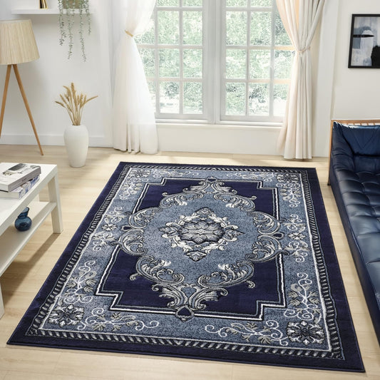 HADBA Modern 8 x 10 Rug for Living Room - Navy Oriental Large Area Rugs for Living Room Dining & Bedroom - Hand Carved Runner Carpet - Durable Polyester - Non-Fade Stain-Resistant - Turkish Made