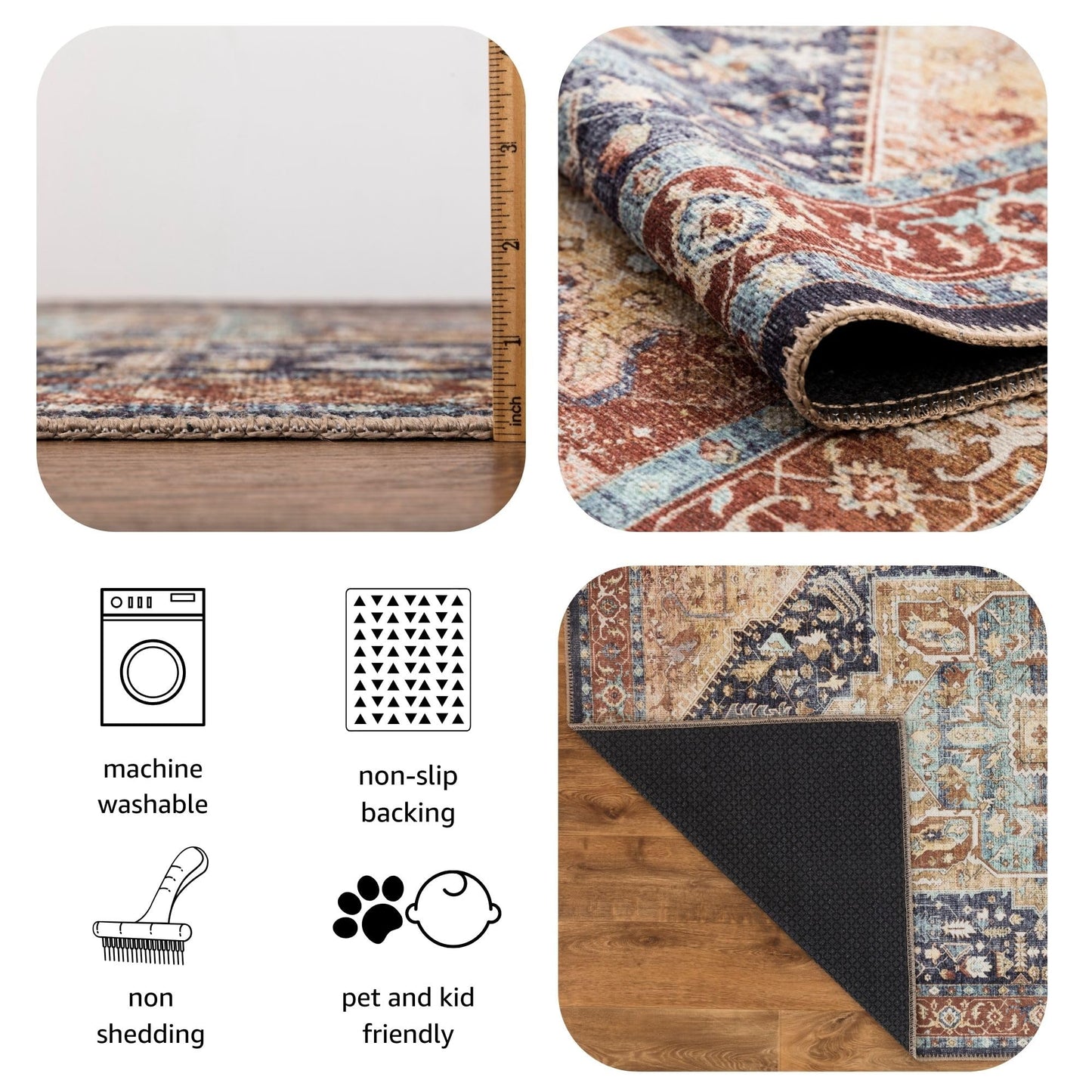 Keen Home Design 5x7 Rug - Machine Washable Area Rug with Non-Slip Backing, Ideal for Living Room, Dining Room, Bedroom - Vintage, Easy Clean, Durable, Low Pile Rug - (5' x 7')
