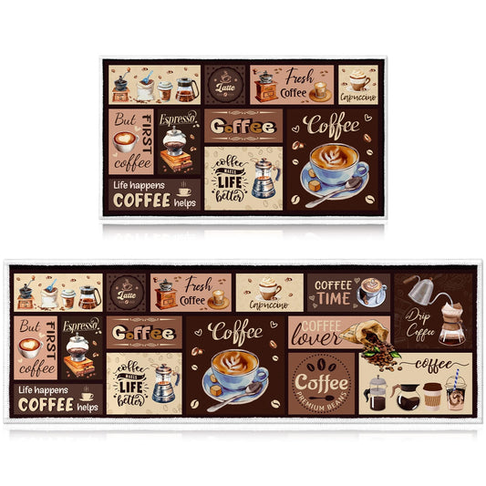 InIsaJace Coffee Kitchen Mats for Floor Rugs for Kitchen Floor Fatigue Mat 2 Piece Set Absorbent and Washable Runner Rugs Farmhouse Style Non Slip Kitchen Rug, 15x27+15x47 Inch