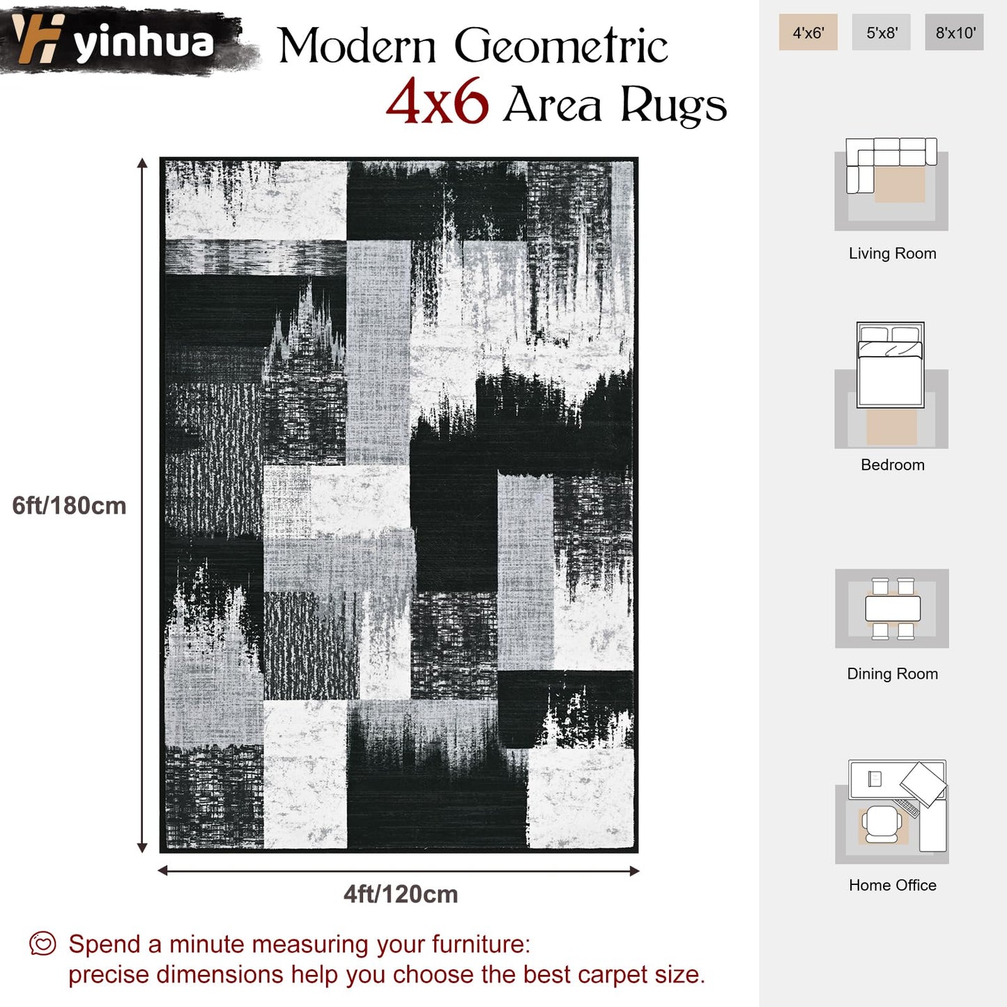 Yinhua Modern Geometric 4x6 Rug, Patchwork Grey Rugs for Living Room Washable Abstract Area Rug Non Slip, Soft Bedroom Rugs Stain Resistant, Mid Century Low Pile Carpet for Dining Room, Office