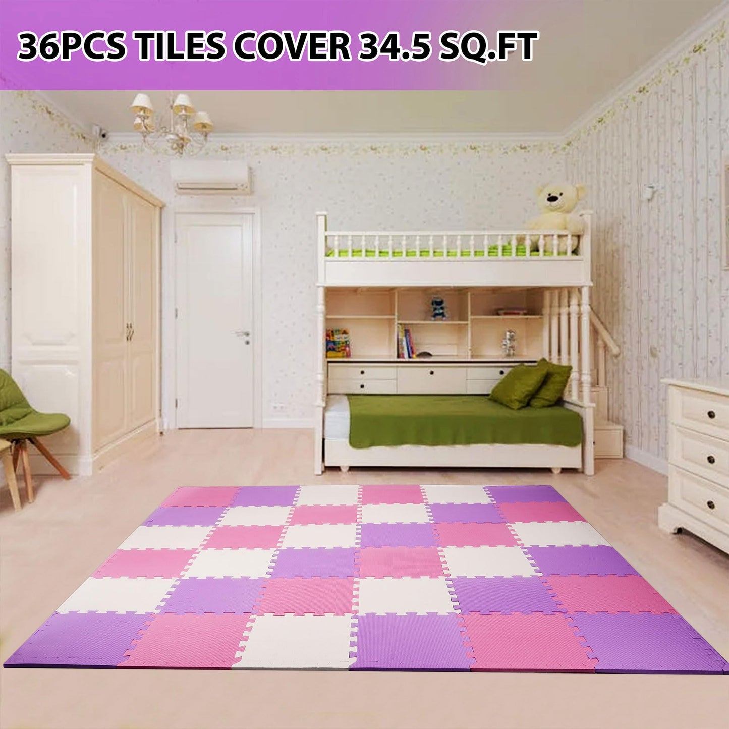 BalanceFrom 36-Pack 12x12 Inches EVA Interlocking Foam Play Tile Mat, Pink/Purple/Beige – 0.4-Inch Thick Non-Slip Puzzle Flooring for 36 Square Feet in Playroom, Nursery, or Playpen at Home