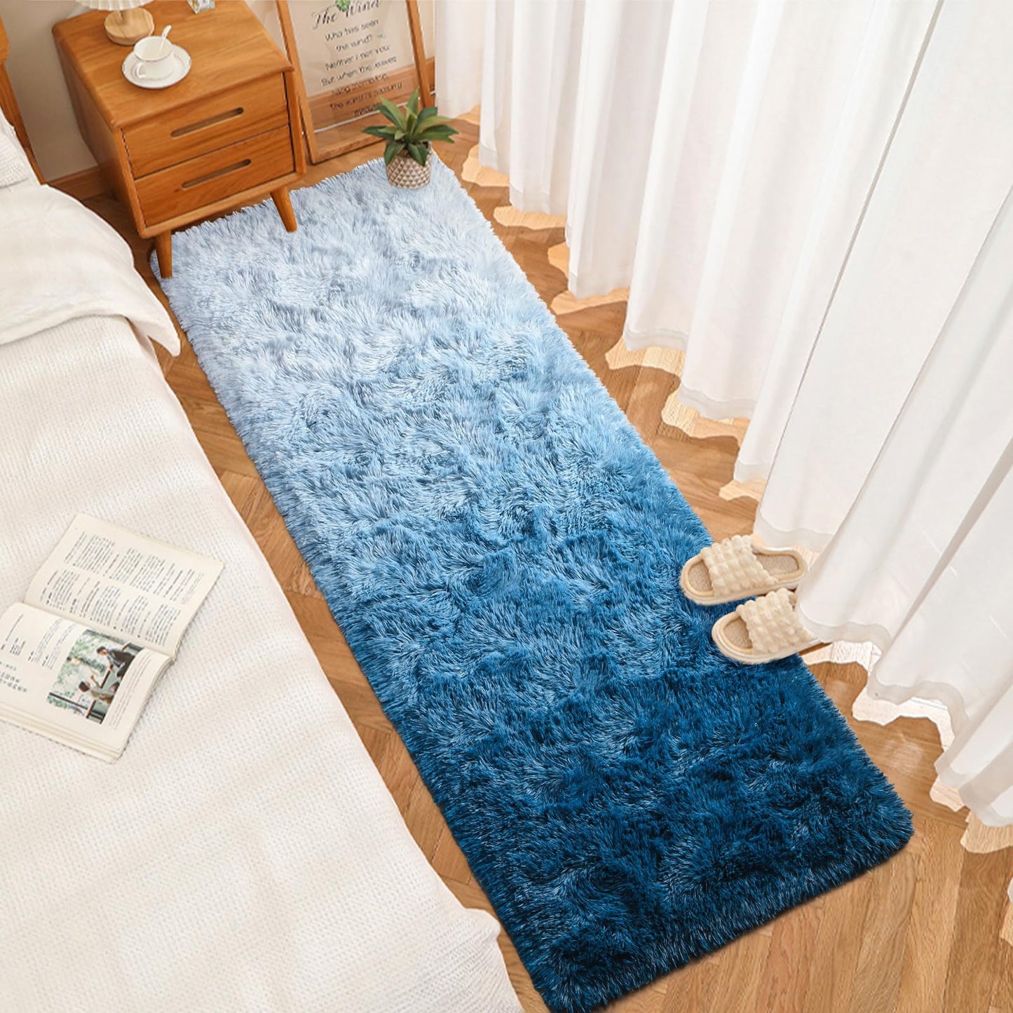 DweIke Luxury Shaggy Runner Rugs for Bedroom, 2x6 Feet Fluffy Runners Carpet for Girls Boys Kids, Non-Slip Extra Comfy Plush Bed Beside Rug for Living Room Nursery Home Decor, Gradient Navy Blue