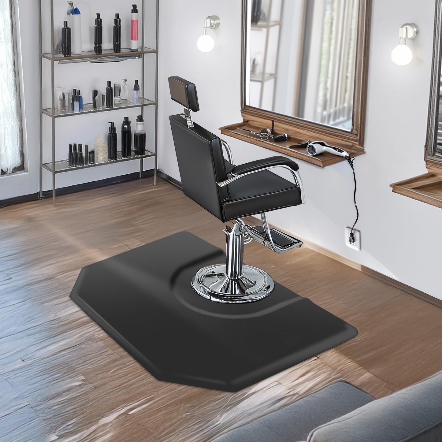 Saloniture 5 ft. x 4 ft. Salon & Barber Shop Chair Anti-Fatigue Mat - Black Hexagon - 1 in. Thick