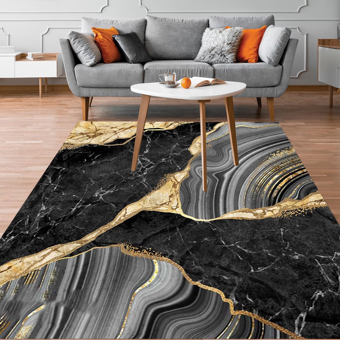 Black Gray Gold Cracked Marble Texture Area Rug 5x7 Modern Abstract Aesthetic Art Deco Machine Washable Rugs for Living Room Bedroom Guestroom Luxury Home Office Meetingroom Indoor Carpet Floor Mat