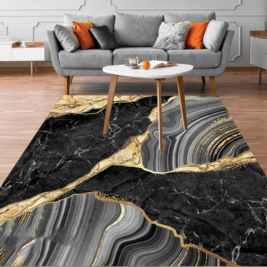 Black Gray Gold Cracked Marble Texture Area Rug 5x7 Modern Abstract Aesthetic Art Deco Machine Washable Rugs for Living Room Bedroom Guestroom Luxury Home Office Meetingroom Indoor Carpet Floor Mat