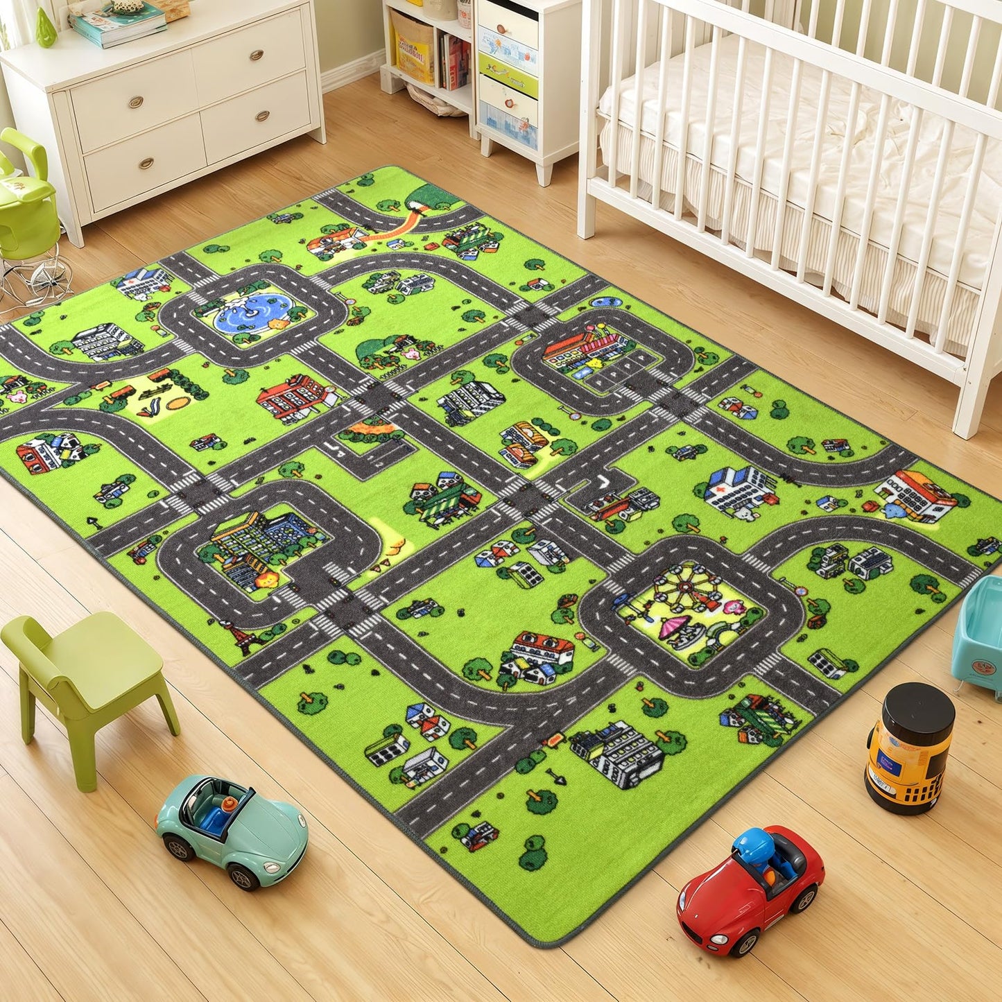 Terrug Kids Rug for Playroom, Non-Slip Washable Educational City Map for Classroom, Town Road Playmat Carpet for Bedroom Learning, 4x6 Feet