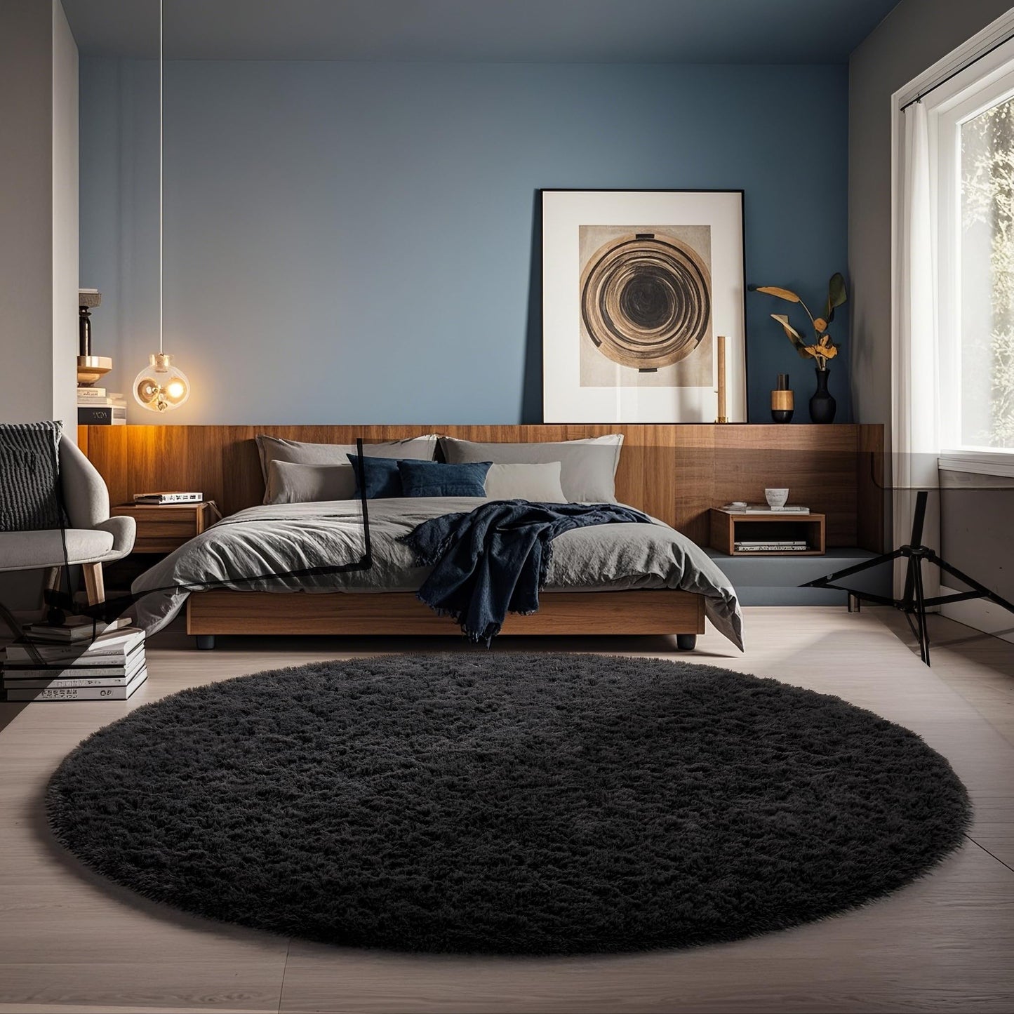 Ophanie Round Rug 5Ft Black Circle Area Rug, Room Decor for Men, Fluffy Fuzzy Bedroom Carpet, Plush Soft Shaggy Living Room Rugs for Kids Home Aesthetic, Nursery with Over 99 pcs Pile fibers