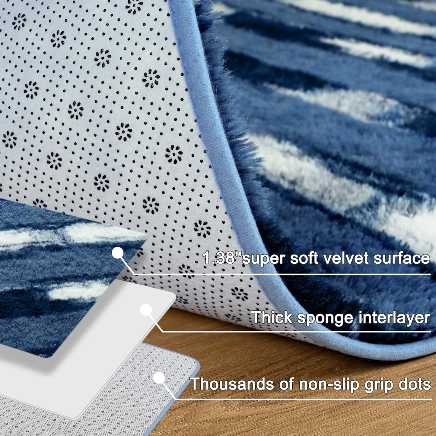 FALARK Shag Blue Striped Area Rug for Boys Room, 4x6 Feet Fluffy Soft Plush Rug for Kids Bedroom Decor, Indoor Non Slip Washable Carpet, Shaggy Carpets for Living Room, Playroom, Nursery