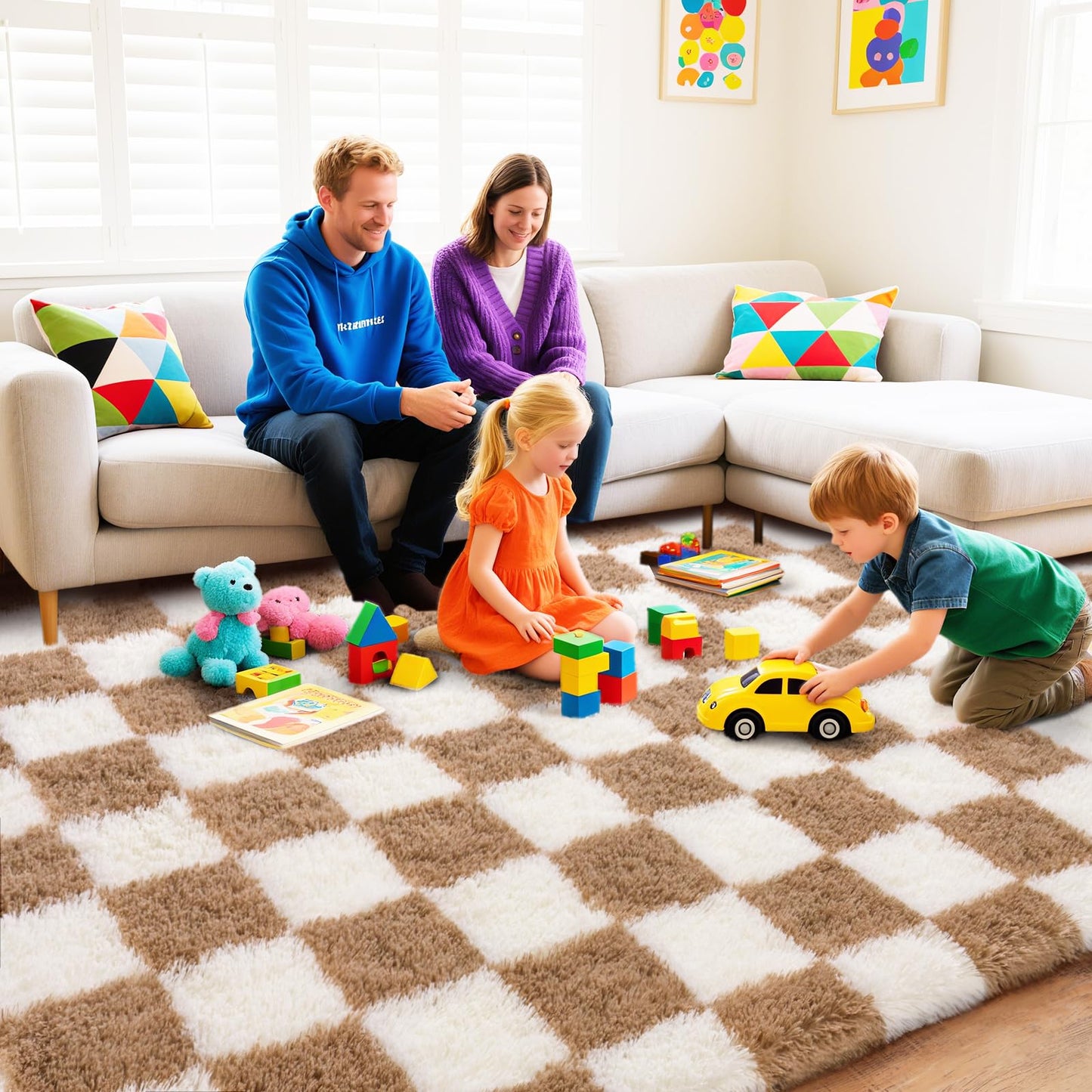 Quntue Rugs for Bedroom, 4x6 Fluffy Fuzzy Shag Checkered Area Rug for Living Room, Modern Plush Soft Upgrade Non-Slip Carpet for Kids Girls and Boys Room Dorm Nursery Home Decor, Cream and Beige