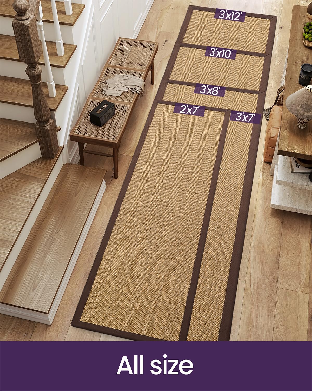 DEXI Jute Hallway Runner Rug 3x8, Woven Braided Natural Fiber Non Slip Runner Inside, Farmhouse Runners Carpet Indoor for Entryway Kitchen Luandry, Natural/Brown