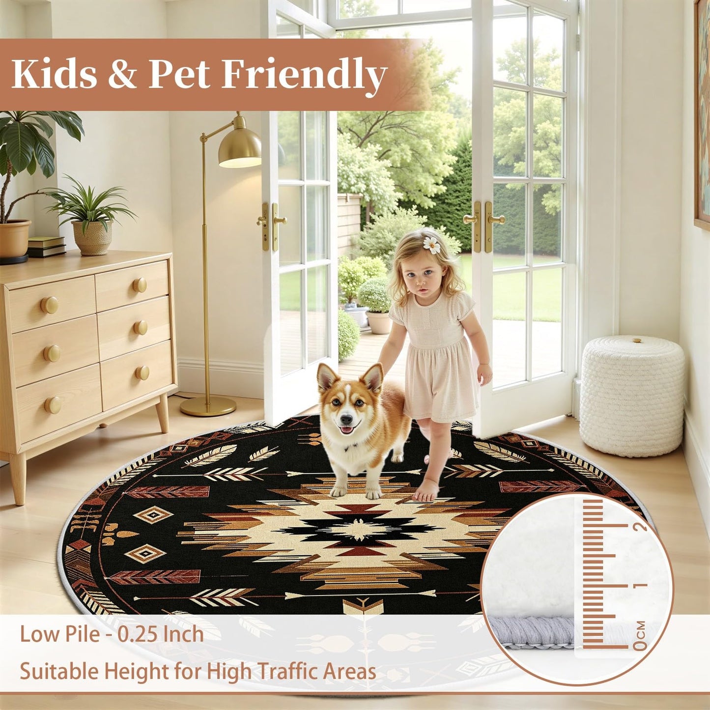 4ft Round Rug, Native American Circle Area Rug, Aztec Navajo Round Rugs for Living Room Bedroom, Indian Southwestern Tribal Circle Rugs for Dining Room Entryway Dorm, Washable Non-Slip Floor Mat