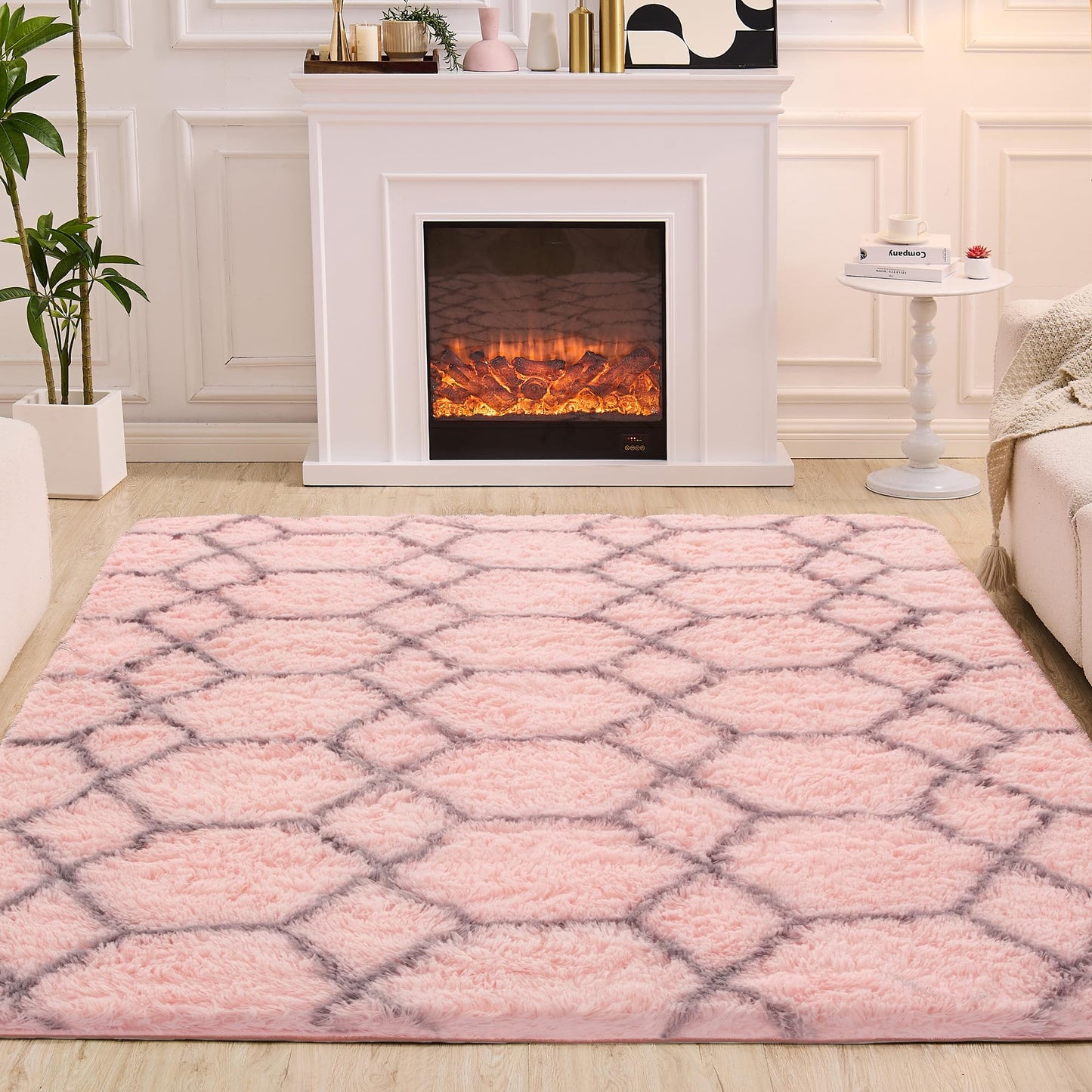ARKIIKI Fluffy Rug for Bedroom Living Room, 4x6 Pink Soft Area Rug, Machine Washable Shag Geometric Fuzzy Kids Non Slip Carpet Home Decor Aesthetic, Plush Floor Mat for Nursery Teen Dorm, Pink/Grey