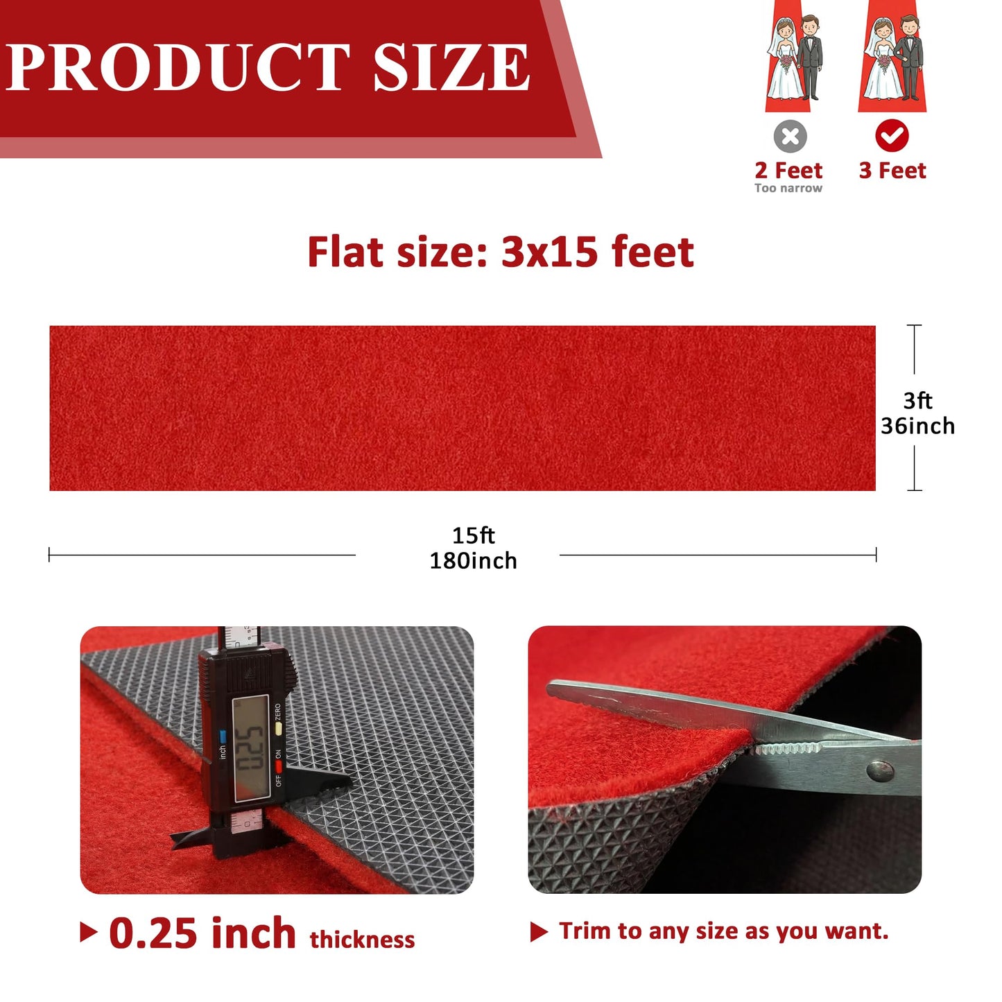Mugiden Extra Thick Red Carpet Runner for Party, 3ft x 15ft Non-Slip Red Carpet Runner Rug Waterproof Aisle Runway Carpet for Wedding Ceremony, Prom Proposal, Banquets Decor
