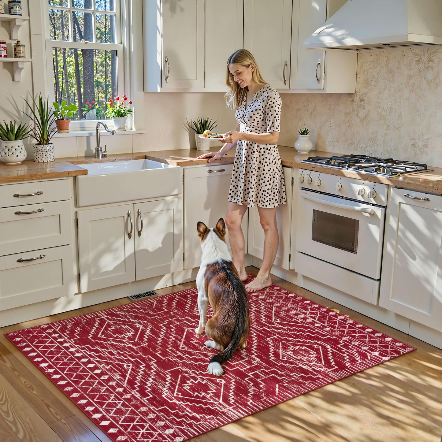 Wonnitar Moroccan Washable 3x5 Rug for Living Room, Non-Slip Chrisrmas Rug for Entryway, Low Pile Soft Farmhouse Area Rug for Bedroom Entry Kitchen Basement (Red,3'x5')