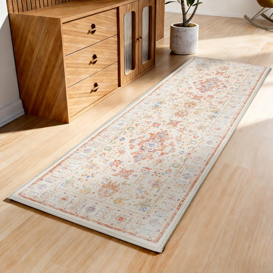 AREDO Runner Rug with Non Slip Rubber Backing, Washable Soft Floor Carpet for Kitchen, Hallway, Entryway Indoor, Bedroom, Laundry, Low Pile Area Rugs, Geometric Floral, Yellow Pattern, 2' * 6'
