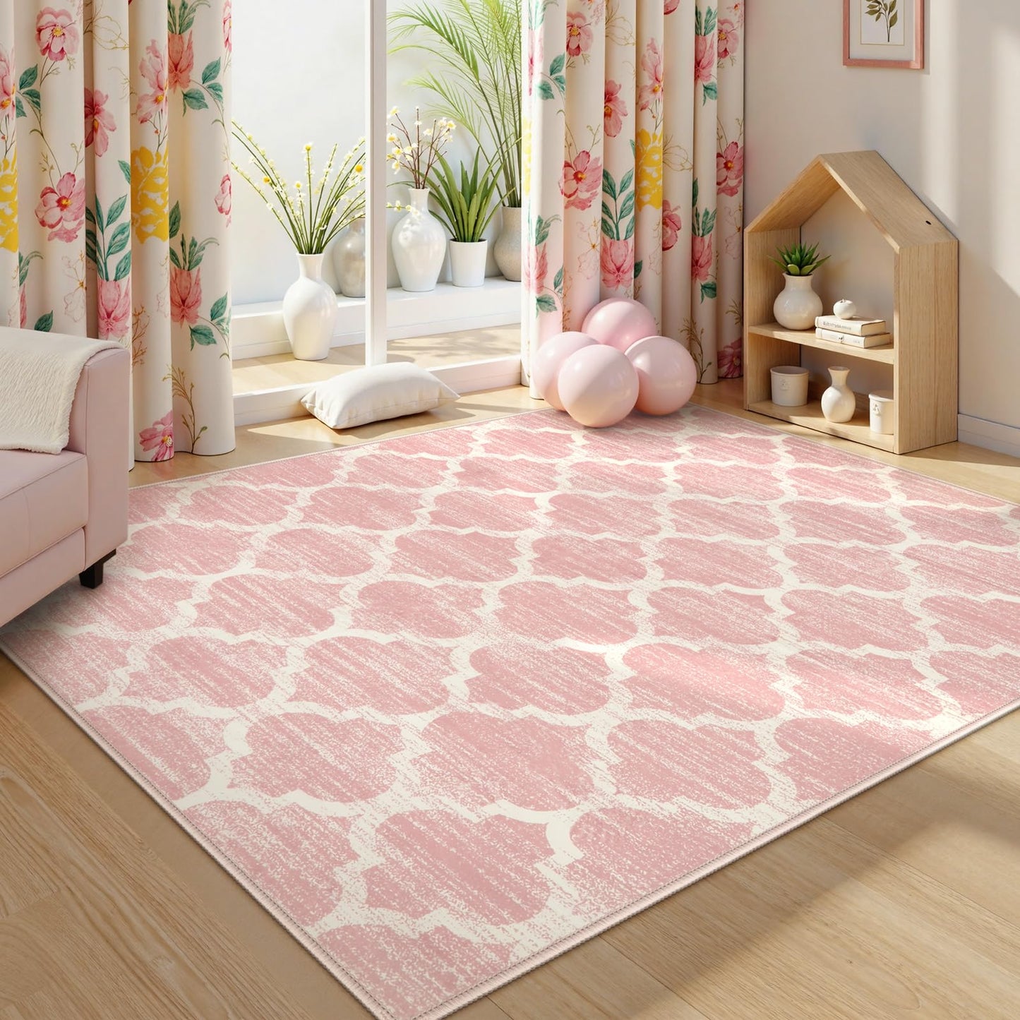 Lahome Nursery Rug 5x7 Area Rugs for Living Room,Washable Pink Rugs for Bedroom Girls,Soft Low-Pile Indoor Floor Boho Carpet for Kids Playroom Dorm Meline