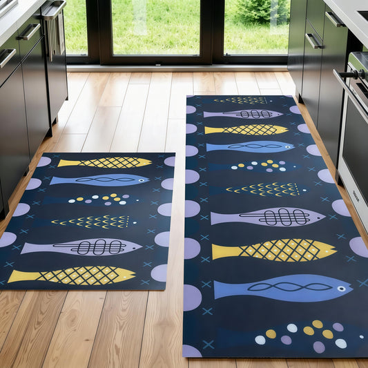 CHKYUZEN PVC Foam Anti Fatigue Printed Kitchen Mat and Rug, Foot Comfort, Anti Slip, Stain Release, Set of 2pcs (17"x30" & 17" x47), (2pc Set, Fish Design)