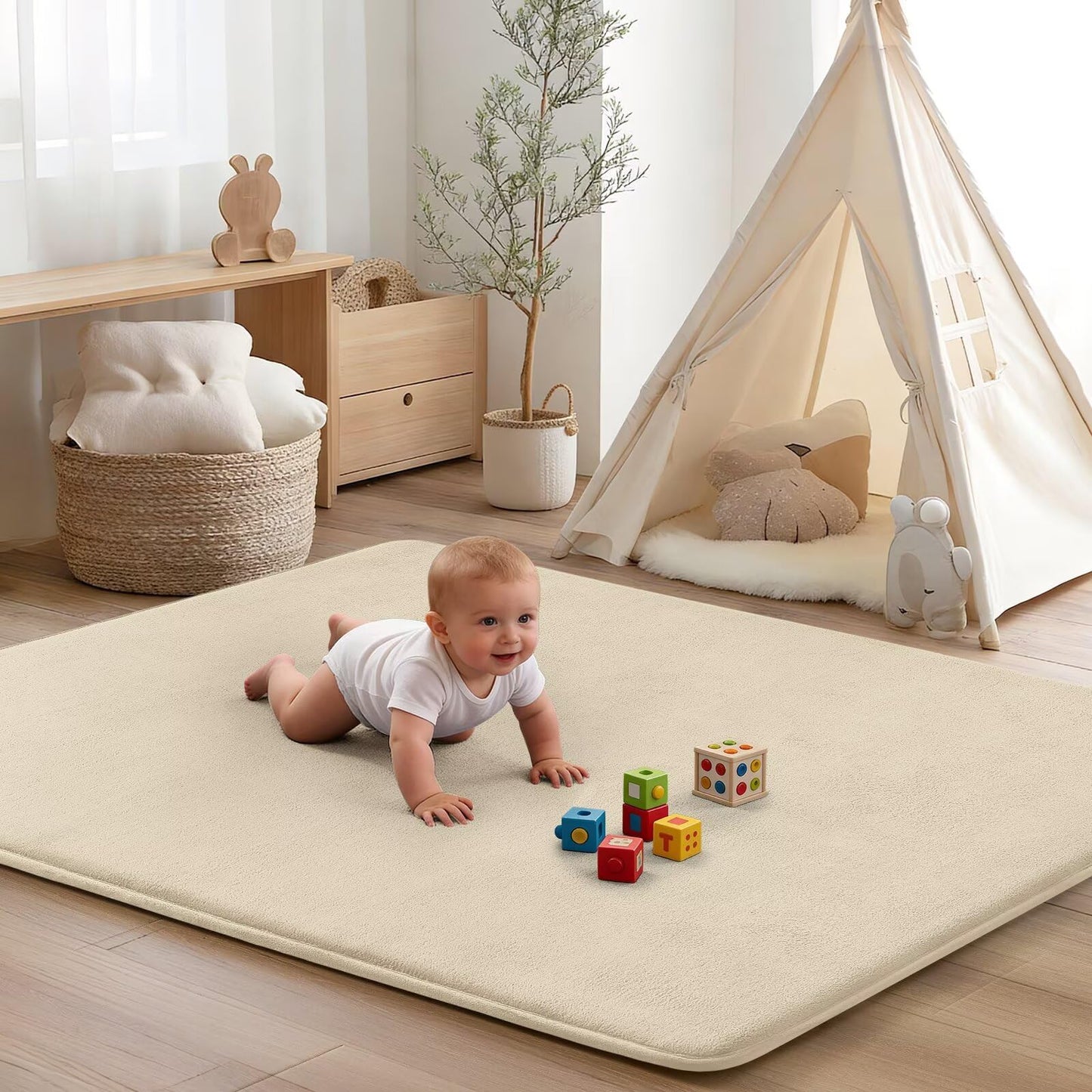 Baby Play Mat for Floor,Ultra Thick Elastic Foam 59"x59" Playmat Tummy Time Muscle Crawling Exercise Activity Cushion Gym Mat Nursery Playroom Area Kids Rug for Babies, Toddlers,Infants,Beige