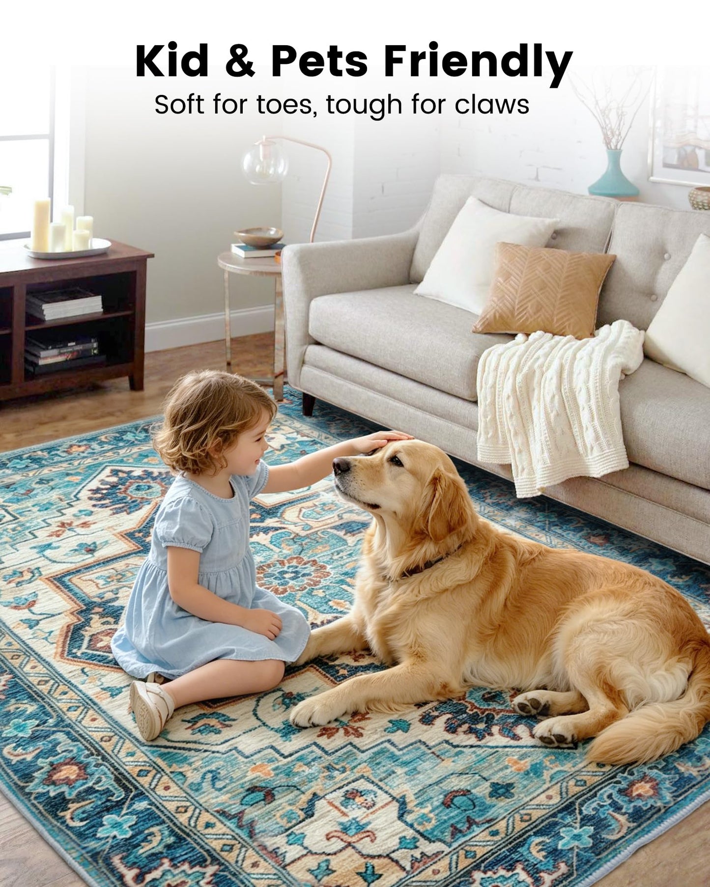 Mueinxiei Washable Vintage Area Rugs 9x12 Large Medallion Pattern Rugs, Non Slip Water Repellent Low Pile Carpet for Living Room Bedroom Dining Room Gemstone Blue