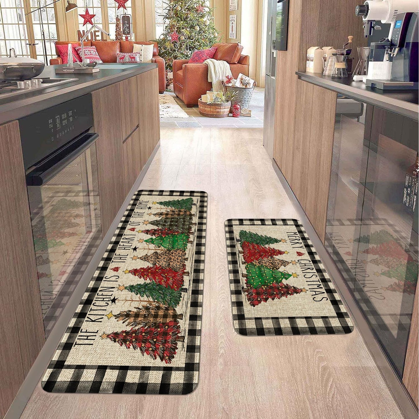bchiijds Christmas Tree Kitchen Mat Decor, Black & White Buffalo Plaid Christmas Kitchen Rugs Set of 2 Non Slip Indoor Xmas Holiday Floor Mat Runner Rug Home Decorations