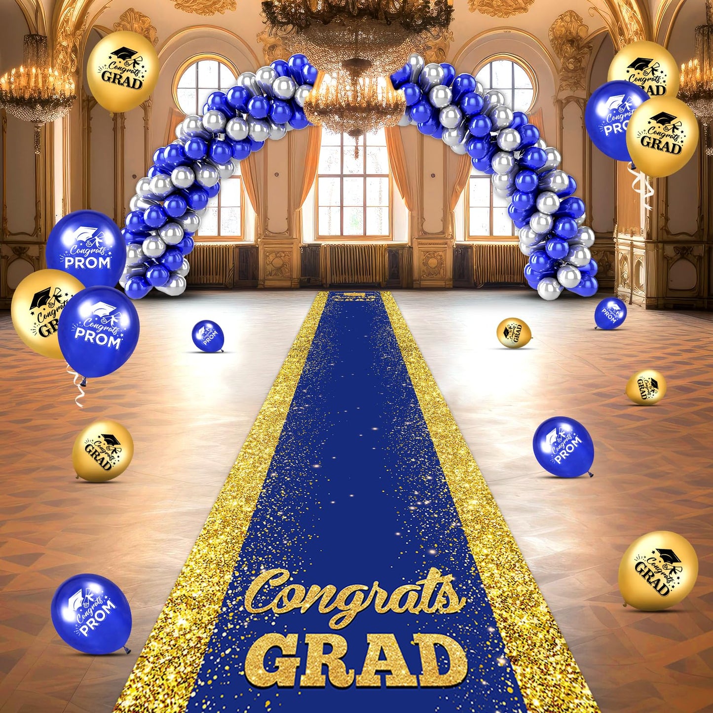 Blue Carpet Runner for Party, 10 x 2.6ft, Blue Gold Graduation Prom Decorations Polyester Fabric Runway Rug for Prom Party Decor Blue Aisle Runner for High School College Scholar Graduation Ceremony